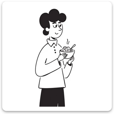 Elon Musk eating a bowl of cereal, man with distinctive features eating from a cereal bowl with a spoon sticker