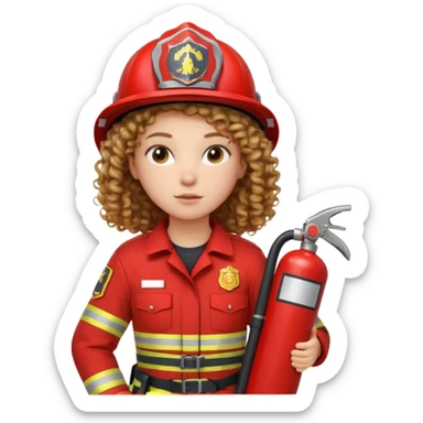 Firefighter girl curly hair with red uniform fire extinguisher sticker