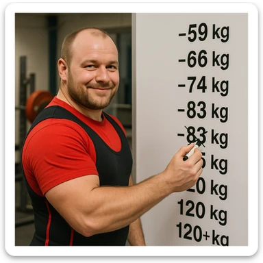 European powerlifter in front of a whiteboard with weight categories written, marking the chosen category with a marker, satisfied expression, competition clothing, realistic details, weight room background sticker
