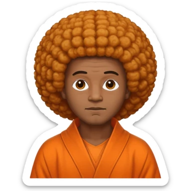 A man with Sai Baba's iconic orange robe and afro hairstyle sticker