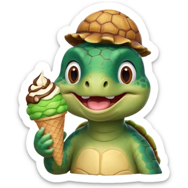 cute turtle portrait, head and shoulders only, licking an ice cream cone, funny happy expression, 3D cartoon, mobile game icon style, clean background, no text, no watermark
 sticker