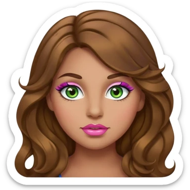 Girl girl long wavy brown hair, green/blue/gold eyes, plus size, thick eyelashes, tan skin, pink lips sticker