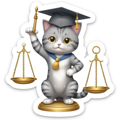 cat wearing a graduation cap, balancing the scales of justice on the tip of its tail sticker