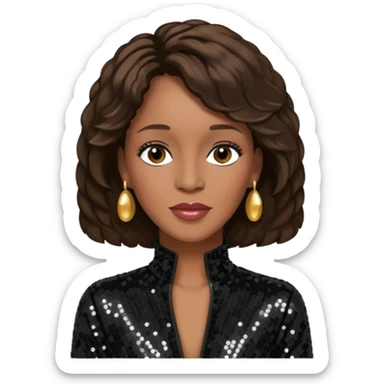 Whitney Houston with dark brown hair, black sequin jumpsuit sticker