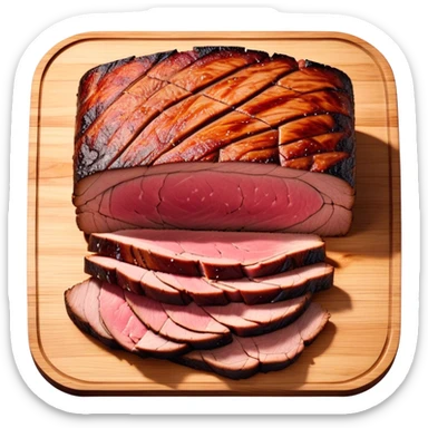 Cinematic smoked brisket, deep mahogany crust, perfectly sliced to reveal juicy marbled meat, warm smoky aroma, served on a wooden board, rich and flavorful, ultra-detailed and appetizing. sticker