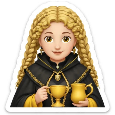 Helga Hufflepuff, 2 curly thick brown braids, yellow-black medieval dress, black cloak decorated with gold braiding, tiny two-handled shiny yellow-gold cup, very kind smile, curvy busty sweet woman, thick rosy cheeks sticker