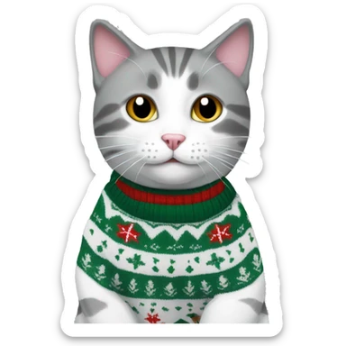A grey and white cat in a Christmas sweater  sticker