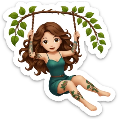 ccute woman long wavy brown hair tattoos swinging on vine sticker