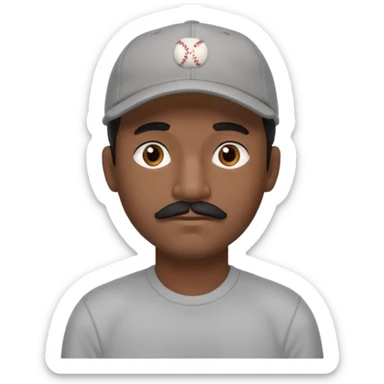 A dark-skinned man with a baseball cap, brown eyes, and a thin black mustache. sticker