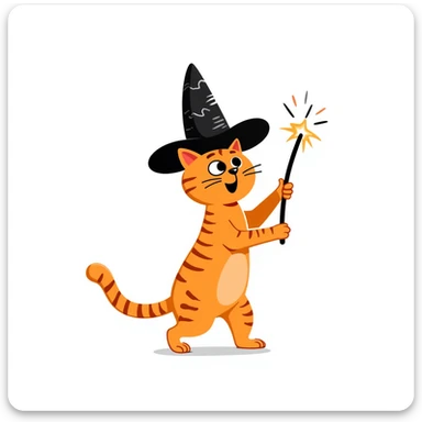 Orange cat wearing a pointy wizard hat and casting a spell with a magic wand sticker