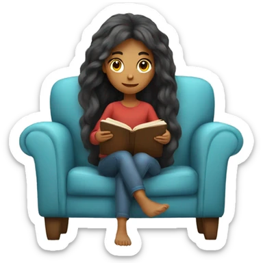 long hair girl reading a book in cozy chair  sticker