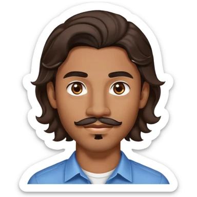 Young man with medium brown skin, mixed-race ethnicity, long wavy dark brown hair with a center part, mustache separated from goatee (no connection between them), medium brown eyes, diamond stud earrings in both ears, head only sticker
