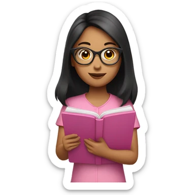 girl with glasses and dark hair reading on a pink tablet sticker