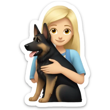 dark German shepherd and cute blond girl hugging sticker