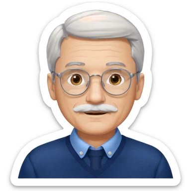 Style anchor + Senior male American, light skin, gray hair, silver round glasses, neat white mustache, navy sweater over blue collared shirt, calm. sticker