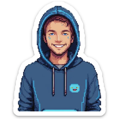 pixel art of a man with blue hoodie, smiling, eyes blinking, minimal background sticker