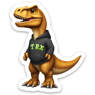 T-rex wearing a hoddie with the letters TAREK on it  sticker