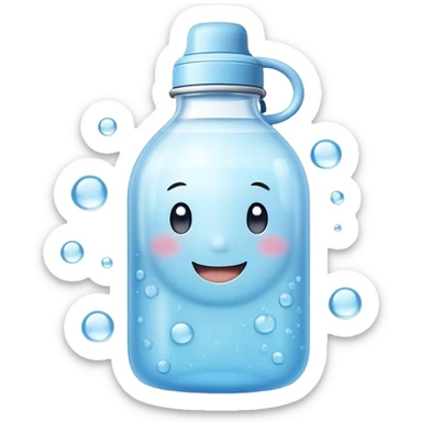 Cute Kawaii Water Bottle, round and bubbly, soft blue with tiny water droplets around, a happy smiling face, gentle glowing highlights, fresh and refreshing vibes! sticker
