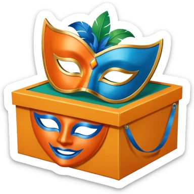a box and a carnival mask in orange, blue and green on top of it , trying to make a carnival pack sticker