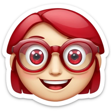 A single crystal gemstone character wearing glasses, chunky and irregular with faceted sides, [red], big glossy eyes behind the glasses and a wide happy smile, , high detail, soft lighting, centered on a plain dark background sticker
