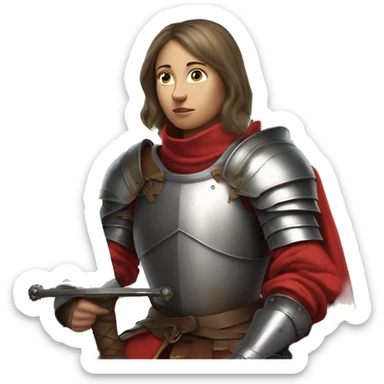 Joan of arc in medieval armor kneels, looking upward, with hands resting on a sword. They're dressed in a red garment under the armor. sticker