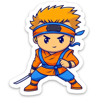 A blonde ninja boy with spiky hair, whisker marks on cheeks, orange outfit, and blue headband with metal plate sticker