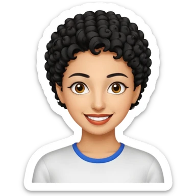 30 year old iranian woman very short curly black hair, big brown eyes, tanned skin, big smile, white teeth, pretty, stylish, shorter hair, boy cut hair sticker