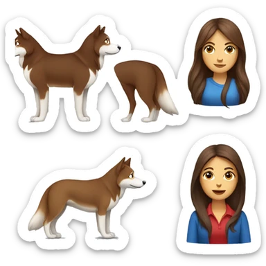 Long Brown hair woman sitting with a red husky with blue eyes sticker