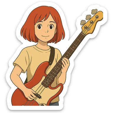 girl with red hair and red bass guitar, long bob hairstyle sticker