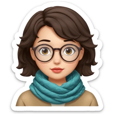A shy brunette hair wavy short hair woman with big round glasses and thick scarf, blushing from the cold. sticker