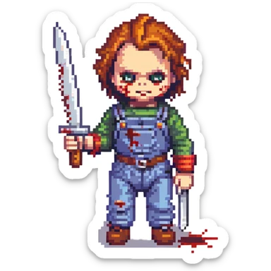 Chucky doll holding a bloody knife, horror style sticker