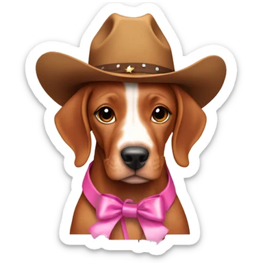 A female vizla puppy with a pink ribbon around her neck and cowboy boots on sticker