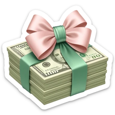 Pink aesthetic Neat money stack tied with a blush satin bow, muted green $100 bills, soft luxury rich  sticker