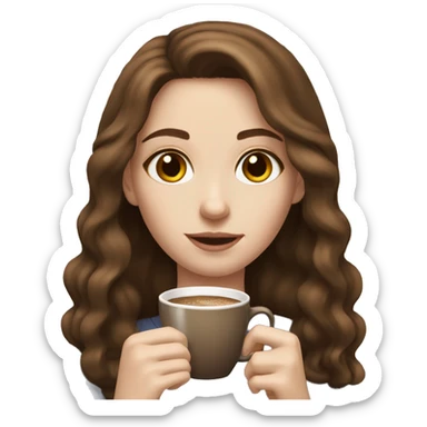 a brown haired girl with pale skin having a coffe sticker