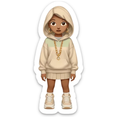 think oversized hoodie over a mini skirt, chunky sneakers grounding the look, and maybe a few layered necklaces or rings to flex a little personality. Sometimes she goes edgy with a leather jacket and ripped jeans, other times soft with flowy dresses or pastel cardigans. sticker