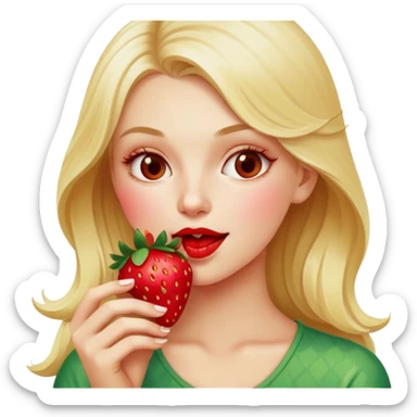 blonde white girl eating a strawberry sticker