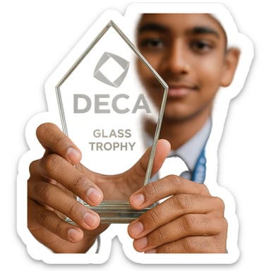 Close-up of an Indian teenage boy's hands holding the official DECA glass trophy, showing intricate details and etching of the trophy. Background blurred, focusing on trophy and boy's hands, with a hint of DECA lanyard visible. sticker