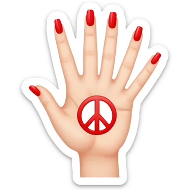 hand with bright red manicure, making a peace sign sticker