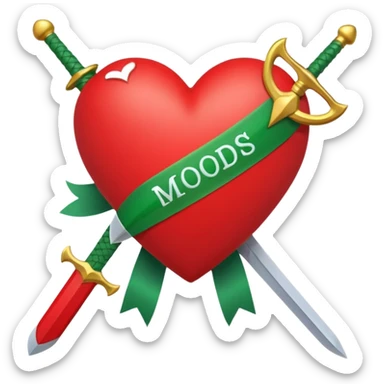 a red heart pierced by a green sword, with the text 'MODS' on a white ribbon sticker
