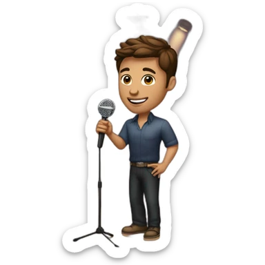  men with brown hair and light skin with microphone stand in front of him with show spotlights on a stage and many lights and spotlights on a raised theater stage sticker