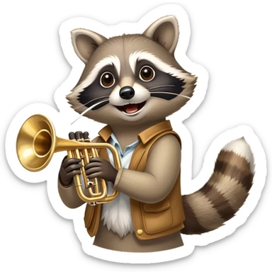 Create an image of a raccoon joyfully playing a trumpet. The raccoon is holding the trumpet high in the air, with its face tilted upwards as it blows into the instrument. Capture the lively expression on the raccoon's face and the dynamic movement of the trumpet, set against a vibrant background that enhances the playful atmosphere sticker