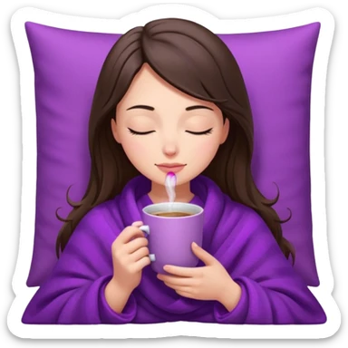 girl brunette inside a violet blanket sipping coffee from pink mug eyes closed iphone style sticker