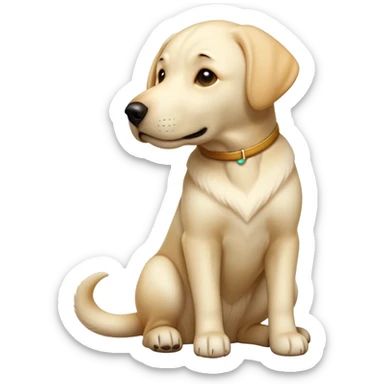 cinematic-[Labrador retriever]-realistic-full-body-sitting-emoji,-tail-resting-loosely-beside-its-paws,-head-tilted-dramatically, -sleek-[cream]-fur,-simplified-yet-realistic-focused-features,-highly-detailed,-glowing-with-an-almost-sarcastic-glow sticker
