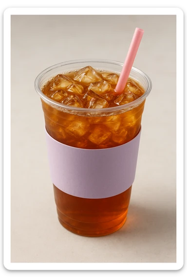 realistic sweet tea cup with a lavender colored sleeve, pink straw, and visible ice cubes sticker