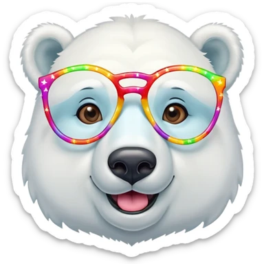 head and shoulders of a friendly anthropomorphised polar bear smiling, wearing large multicolored star-shaped glasses sticker