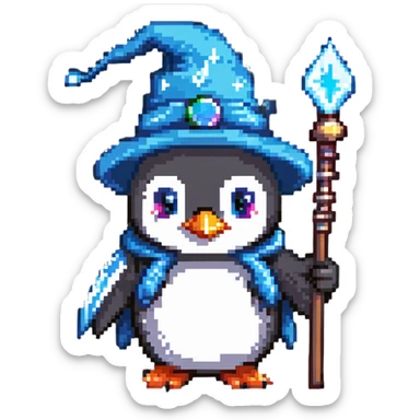 penguin wizard with a pointy hat and magic staff sticker