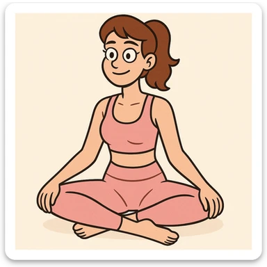 woman sitting cross legged in a pink workout set, minimal flat style, soft colors sticker