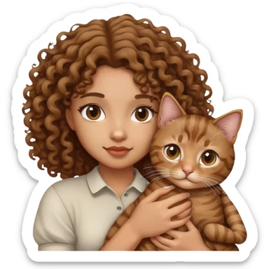 Light skin girl with curly hair holding a brown tabby cat  sticker