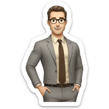 Pale skinned fit man with dark brown hair in gray jacket, beige office shirt, brown tie, brown pants and vintage glasses Writing text on a marker board sticker