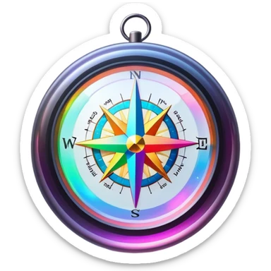 A glowing, holographic compass with vibrant neon rainbow colors inside a crystal-clear sphere sticker